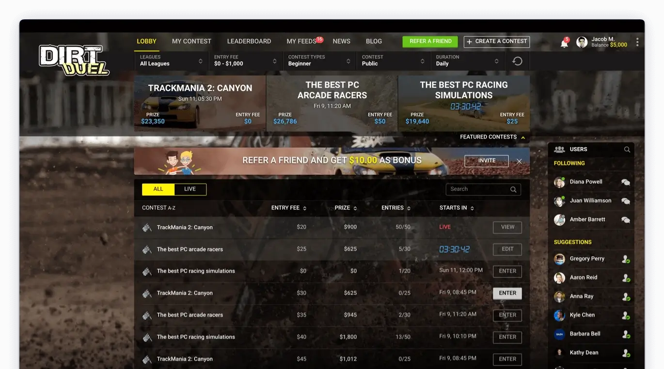 Dirt Duel - Fantasy Sports Application Development for Dirt Car Racing by Vinfotech